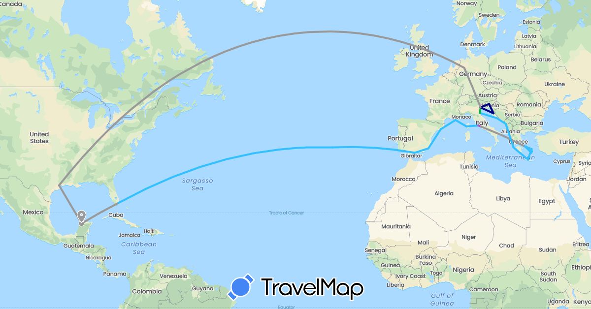 TravelMap itinerary: driving, bus, plane, train, boat in Germany, Spain, France, Greece, Croatia, Italy, Montenegro, Mexico, Portugal, Slovenia, United States (Europe, North America)